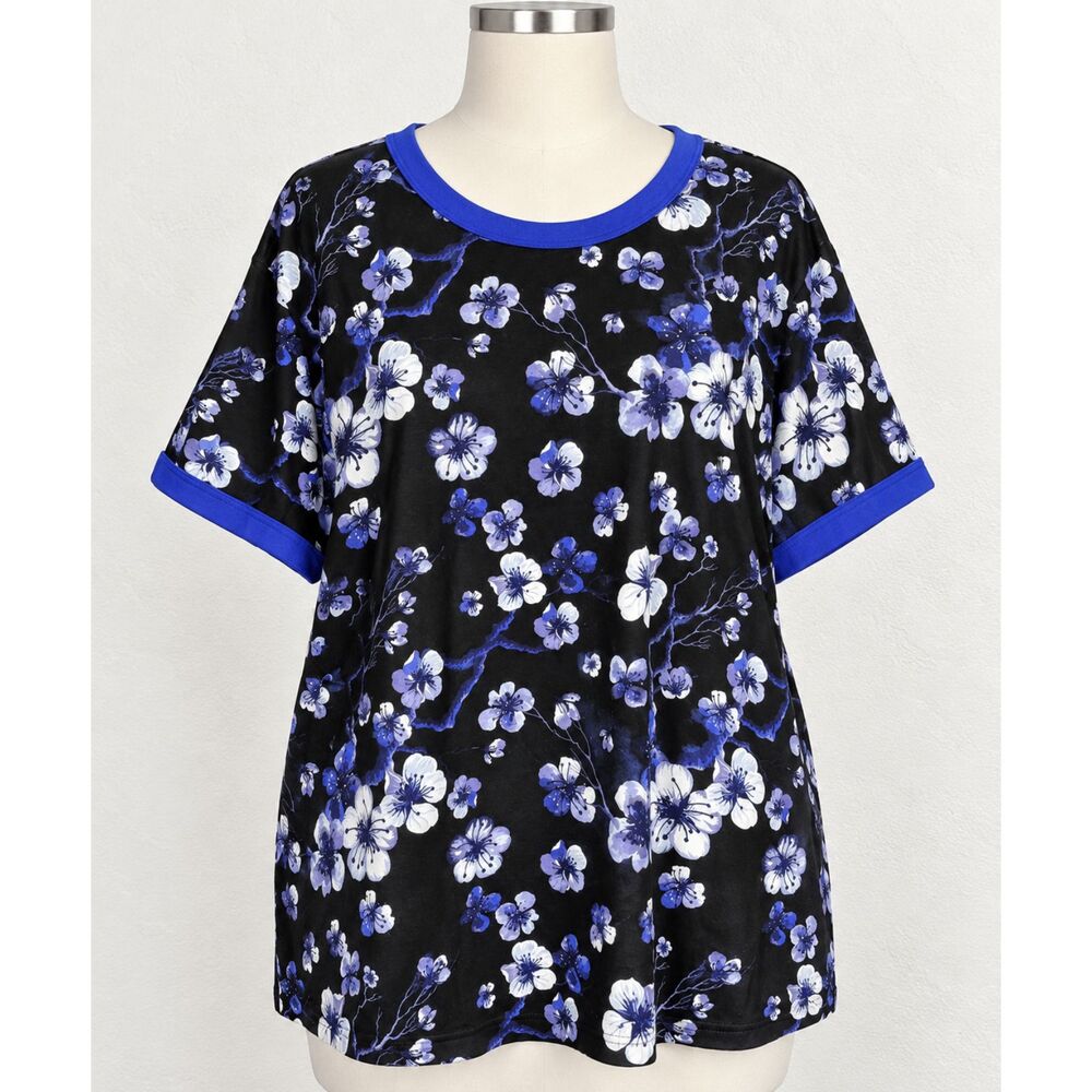 LuLaRoe Women’s 3XL Black Blue Floral Ringer Tee Short Sleeve Top NWOT